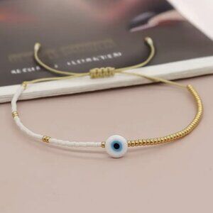 Minimalist White & Gold Beaded Evil Eye Spiritual Boho Protection Bracelet NEW